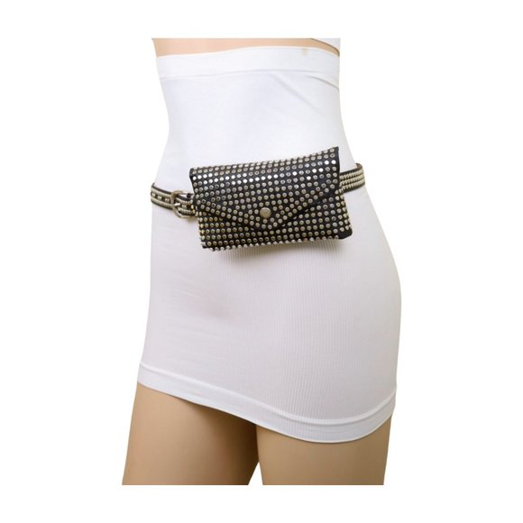 Women Black Faux Leather Skinny Belt + Wallet Bag Silver Studs Size S M z037 main image 15